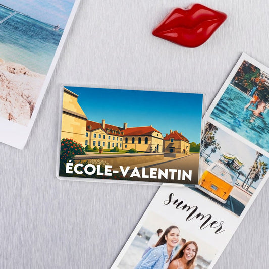 Magnet souvenir de la ville de École-Valentin avec une illustration stylisée.