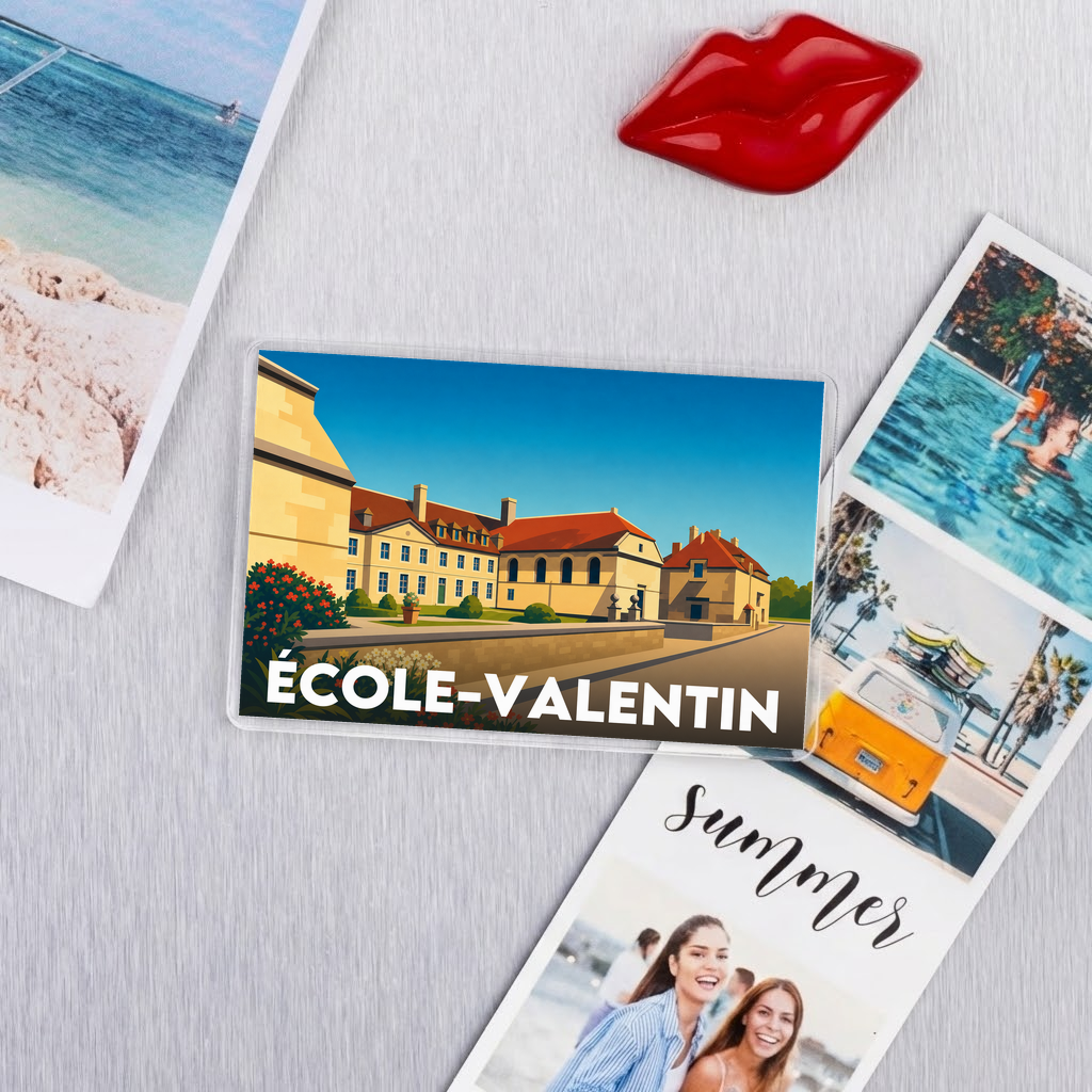 Magnet souvenir de la ville de École-Valentin avec une illustration stylisée.