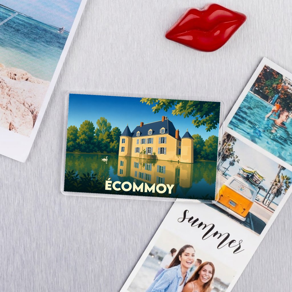 Magnet souvenir de la ville d'Écommoy avec une illustration stylisée de son château.