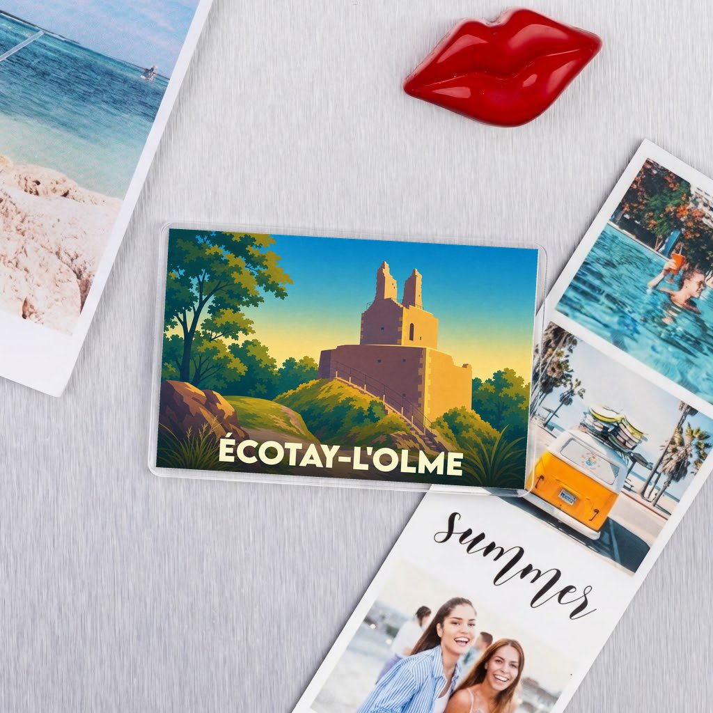 Magnet souvenir de la ville d'Écotay-l'Olme avec une illustration stylisée de son église médiévale.