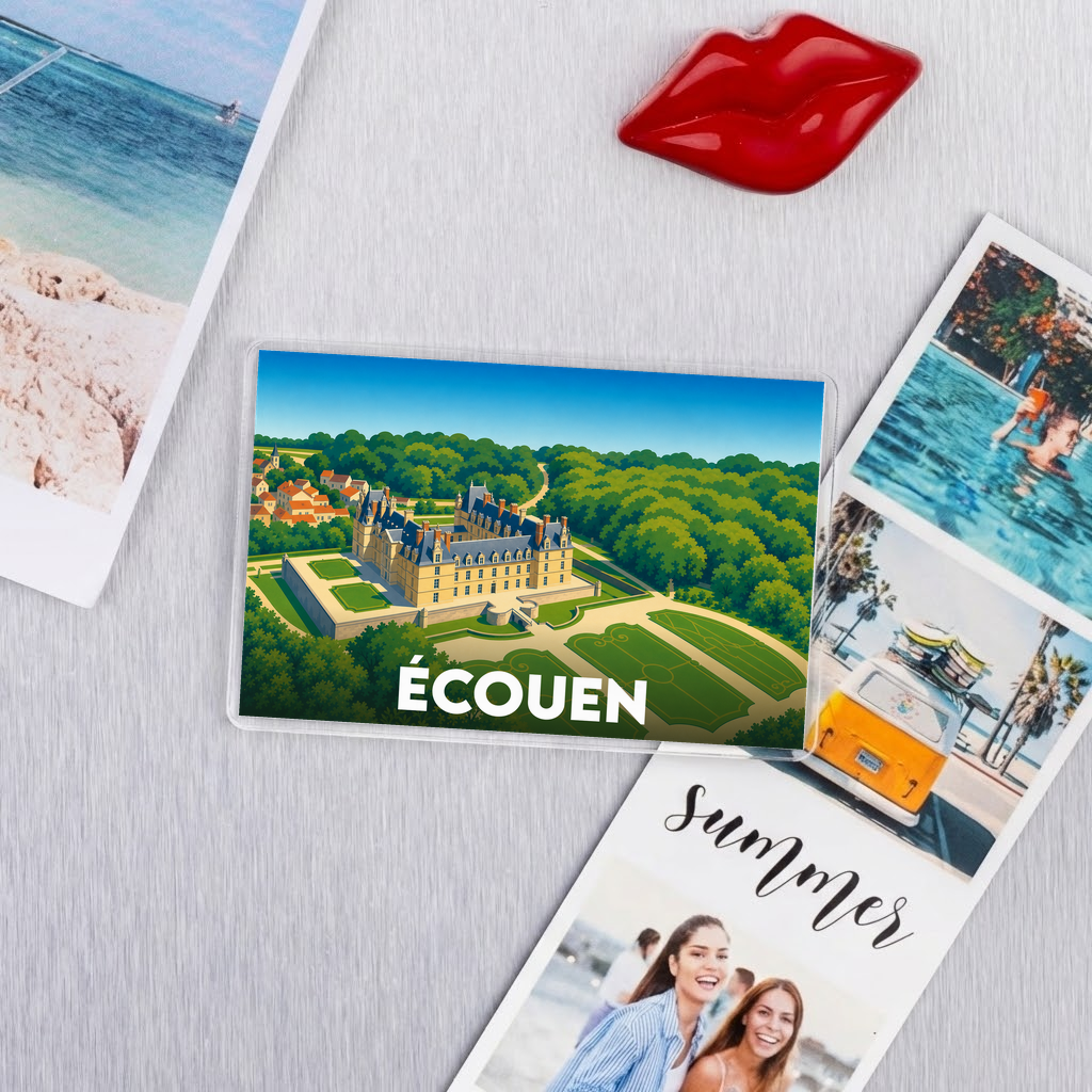 Magnet souvenir de la ville d'Écouen avec une illustration stylisée du château de la Renaissance.
