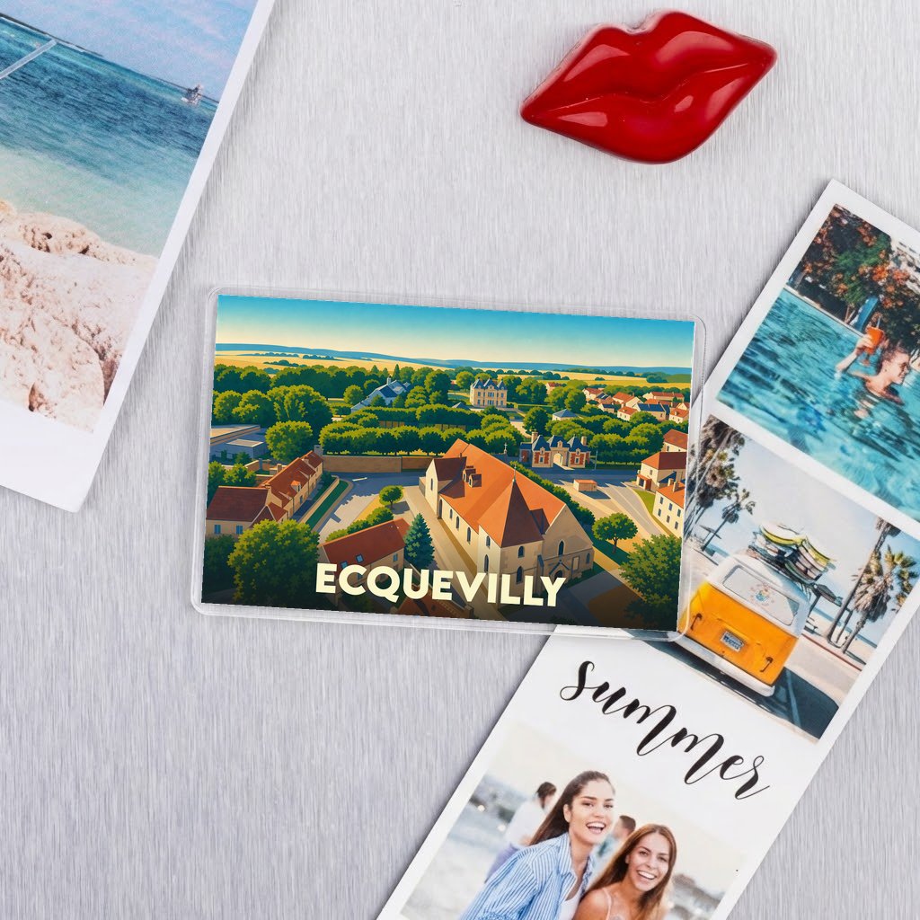 Magnet souvenir de la ville de Ecquevilly avec une vue aérienne illustrée.