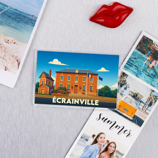 Magnet souvenir de la ville d'Écrainville avec une illustration stylisée de sa mairie.