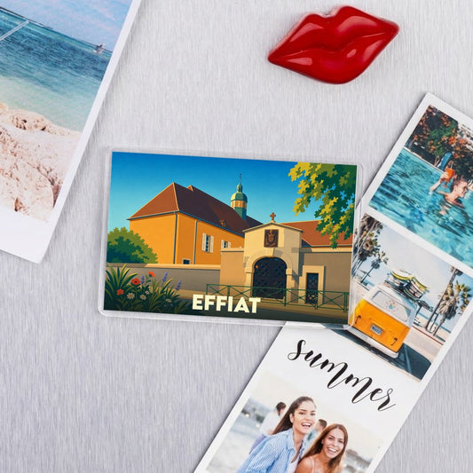 Magnet souvenir de la ville d'Effiat avec une illustration colorée et stylisée de son patrimoine.
