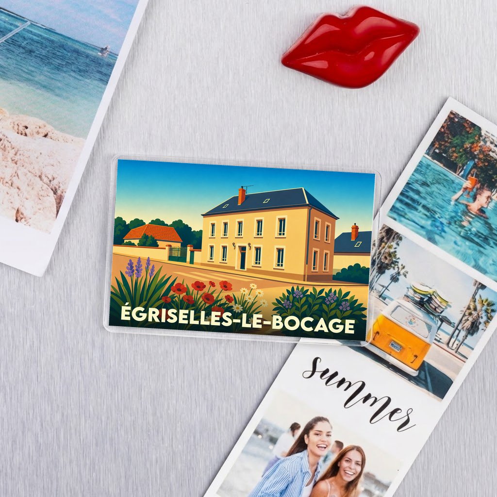 Magnet souvenir de la ville de Égriselles-le-Bocage avec une illustration colorée et stylisée.