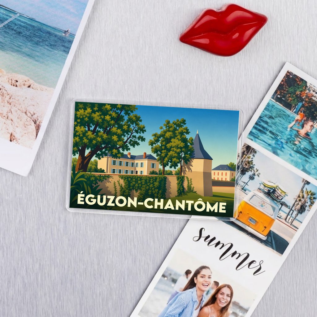 Magnet souvenir de la ville de Éguzon-Chantôme avec une illustration stylisée.