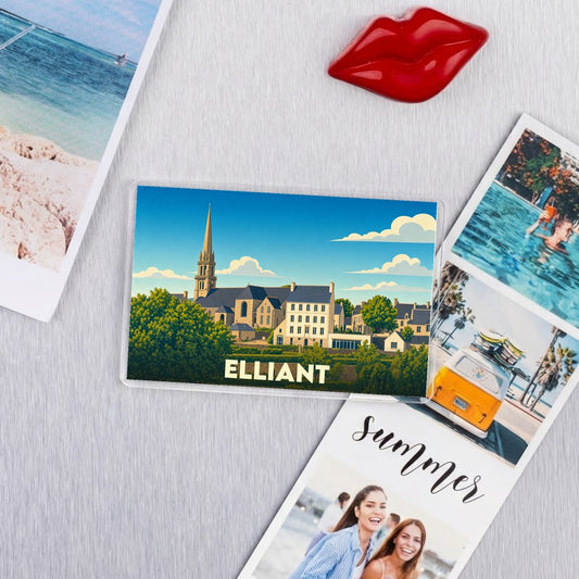 Magnet souvenir de la ville de Elliant avec une illustration stylisée de son église.