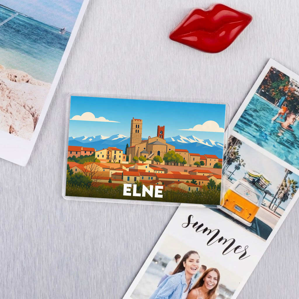 Magnet souvenir de la ville d'Elne avec une illustration stylisée.