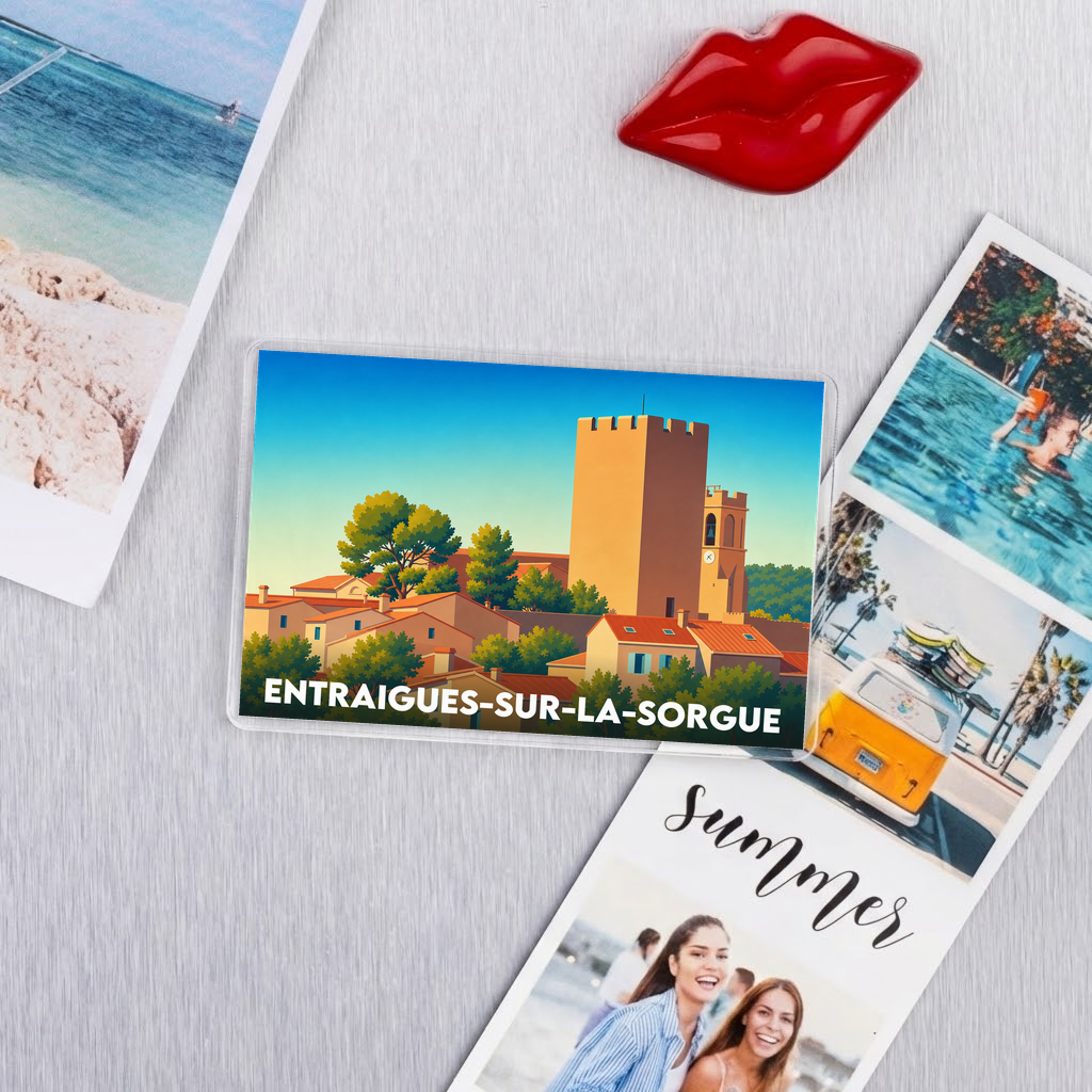 Magnet souvenir de la ville de Entraigues-sur-la-Sorgue avec une illustration stylisée.