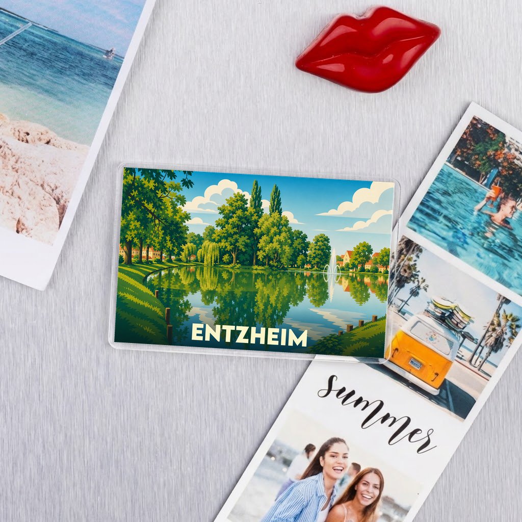 Magnet souvenir de la ville d'Entzheim avec une illustration stylisée d'un parc boisé au bord de l'eau.