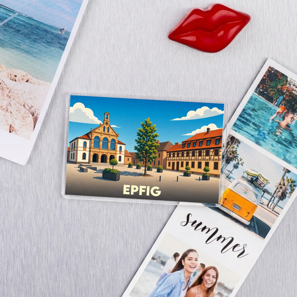 Magnet souvenir de la ville d'Epfig avec une illustration stylisée de sa place principale.