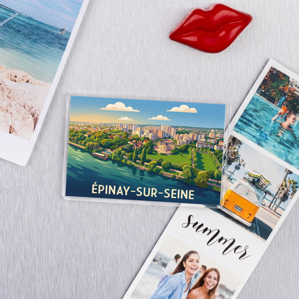 Magnet souvenir de la ville d'Épinay-sur-Seine avec une illustration stylisée.