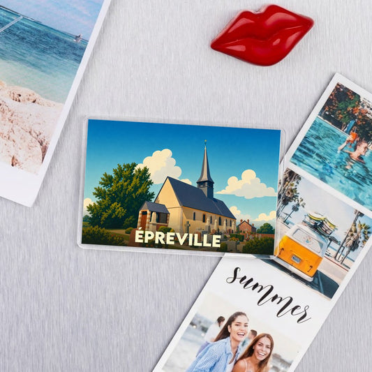 Magnet souvenir de la ville de Épreville avec une illustration stylisée de son église.