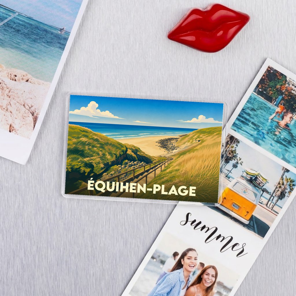 Magnet souvenir de la ville de Équihen-Plage avec une illustration stylisée.
