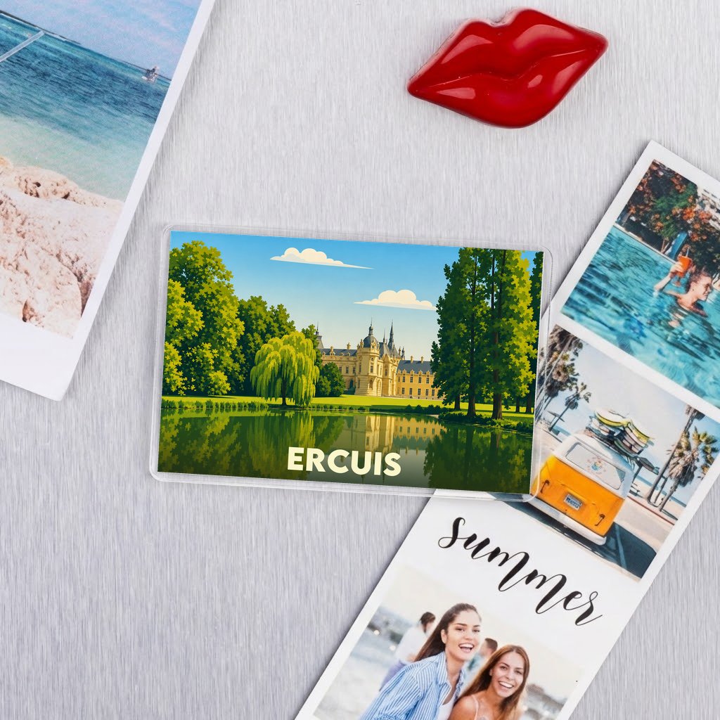 Magnet souvenir de la ville de Ercuis avec une illustration stylisée d'un château au bord de l'eau.