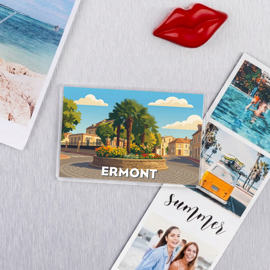 Magnet souvenir de la ville de Ermont avec une illustration stylisée.