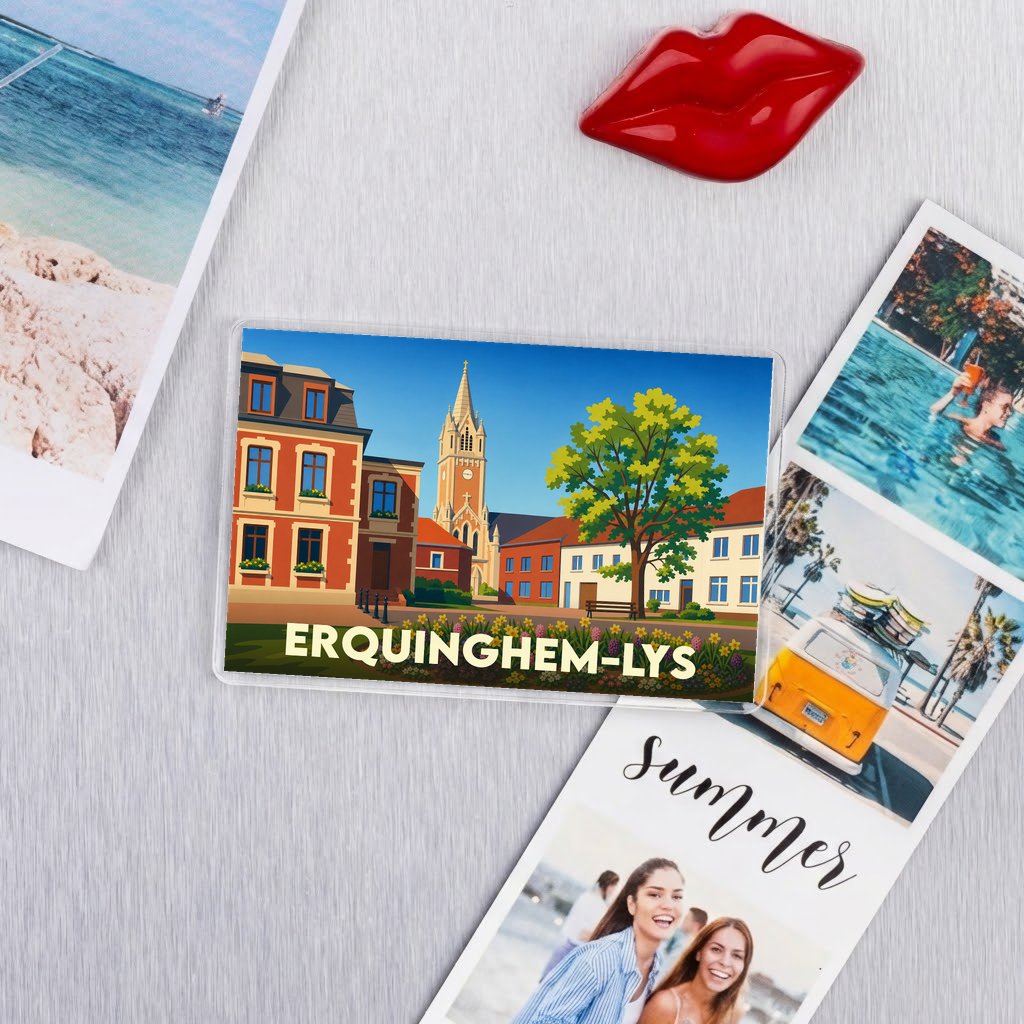 Magnet souvenir de la ville d'Erquinghem-Lys avec une illustration colorée et stylisée de son centre-ville.