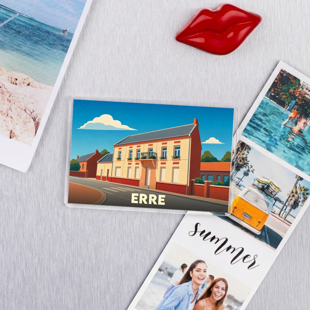 Magnet souvenir de la ville d'Erre avec une illustration stylisée.