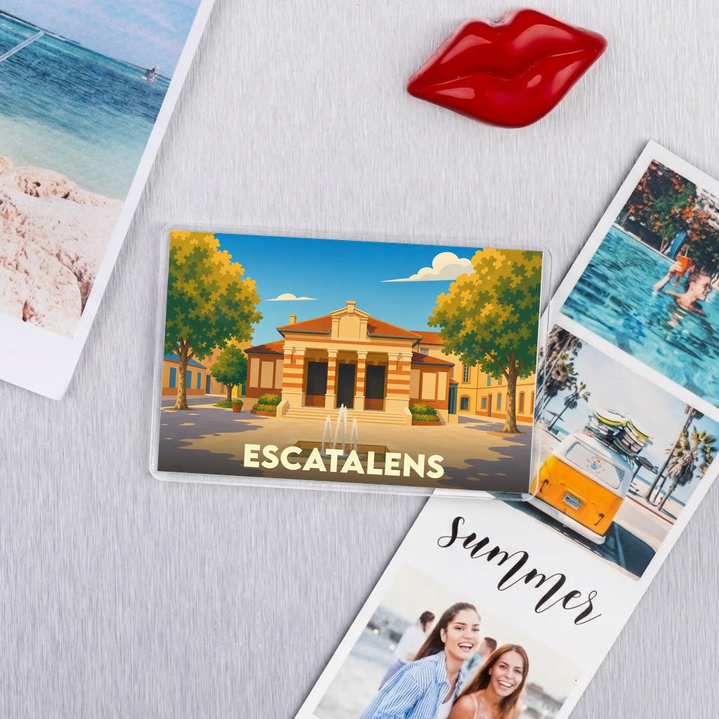 Magnet souvenir de la ville d'Escatalens avec une illustration stylisée de sa place principale.