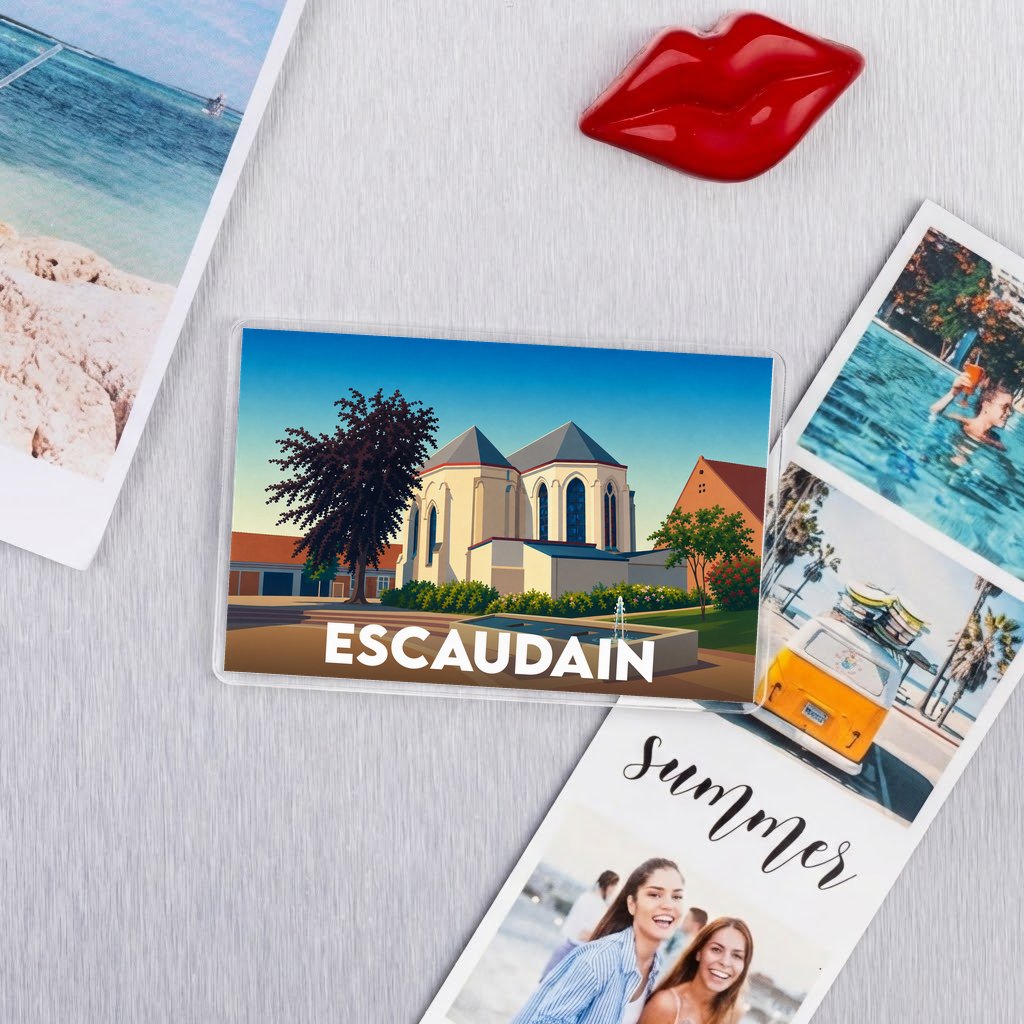Magnet souvenir de la ville de Escaudain avec une illustration stylisée de son patrimoine.