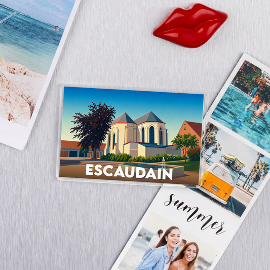Magnet souvenir de la ville de Escaudain avec une illustration stylisée de son patrimoine.