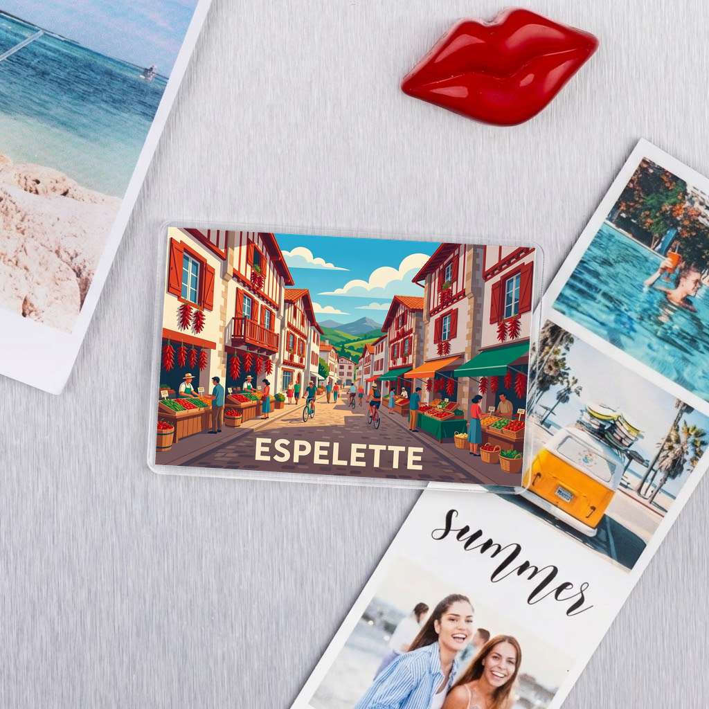 Magnet souvenir de la ville d'Espelette avec une illustration stylisée de ses rues et de ses piments rouges.