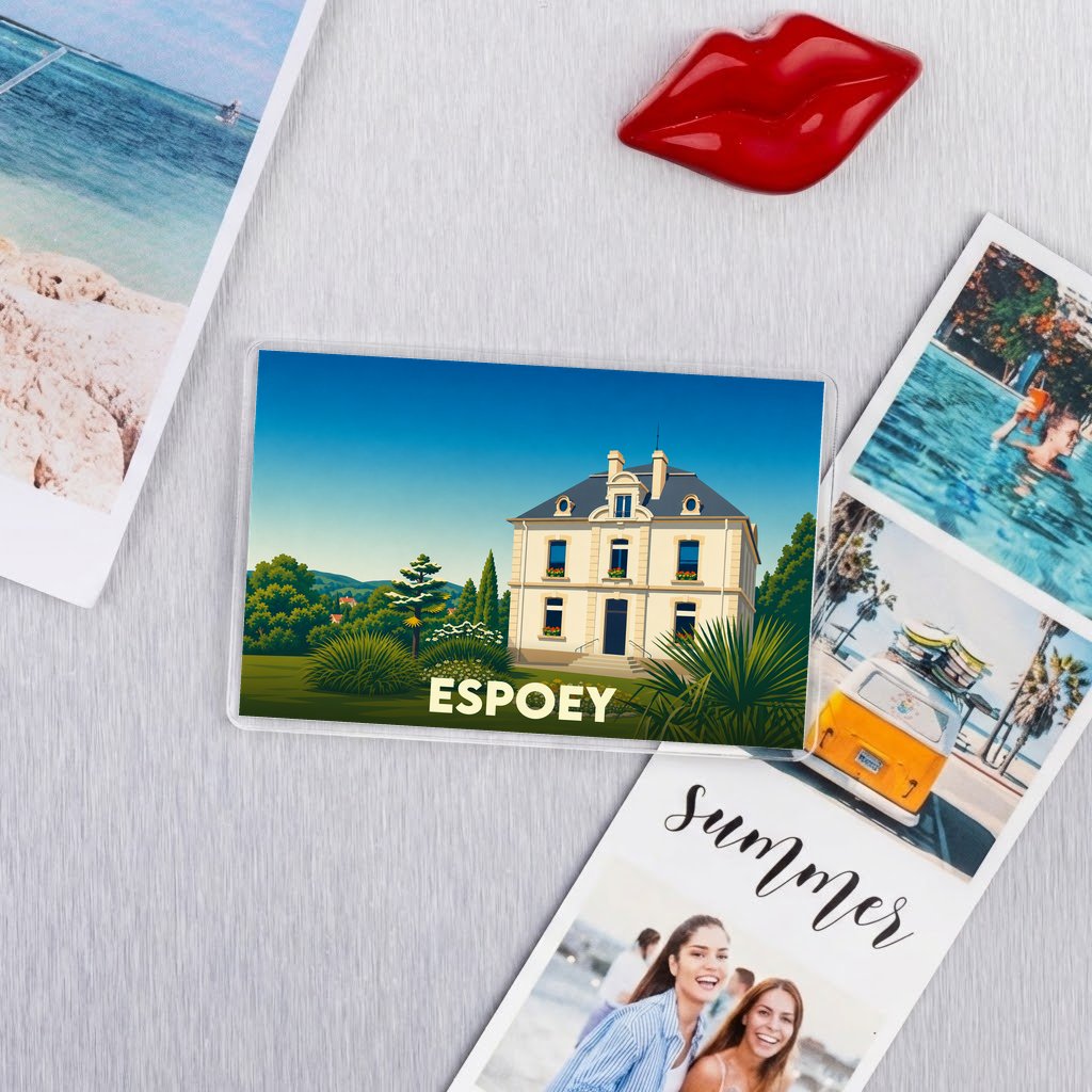 Magnet souvenir de la ville de Espoey avec une illustration stylisée d'une grande demeure.