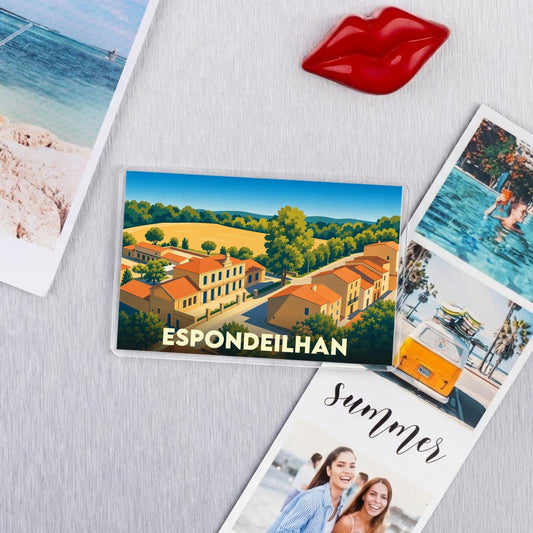 Magnet souvenir de la ville de Espondeilhan avec une illustration stylisée.