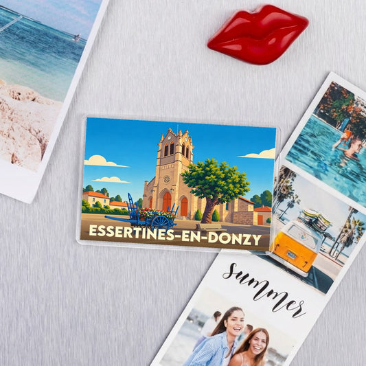 Magnet souvenir de la ville d'Essertines-en-Donzy avec une illustration stylisée de son église.