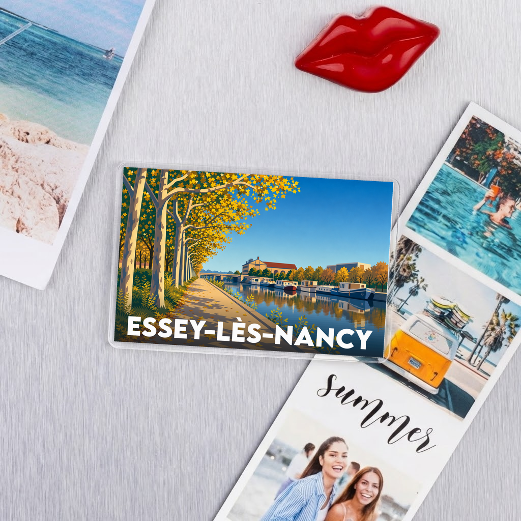 Magnet souvenir de la ville de Essey-lès-Nancy avec une illustration stylisée d'un canal bordé d'arbres.