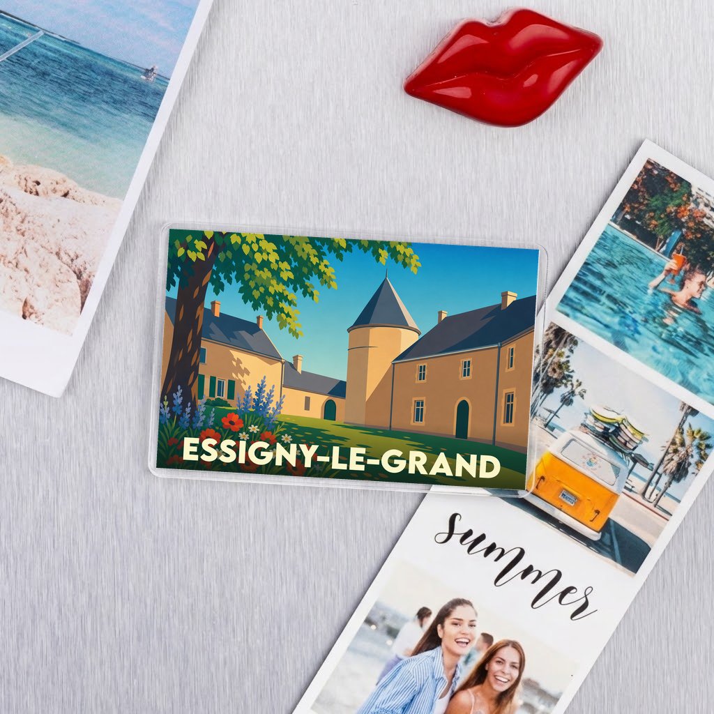 Magnet souvenir de la ville d'Essigny-le-Grand avec une illustration stylisée d'un château.