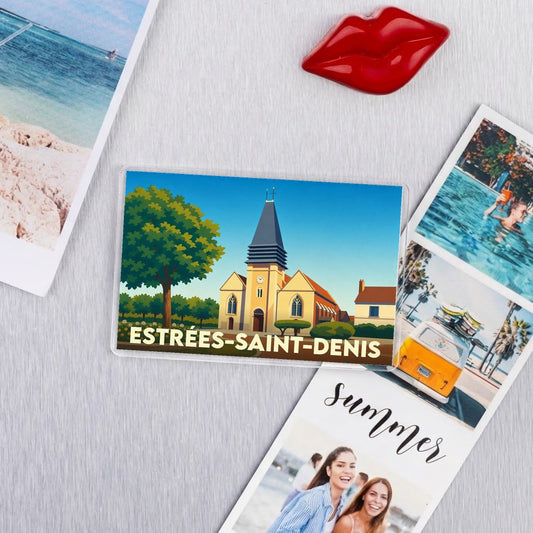 Magnet souvenir de la ville de Estrées-Saint-Denis illustré d'une église stylisée sous un ciel bleu.
