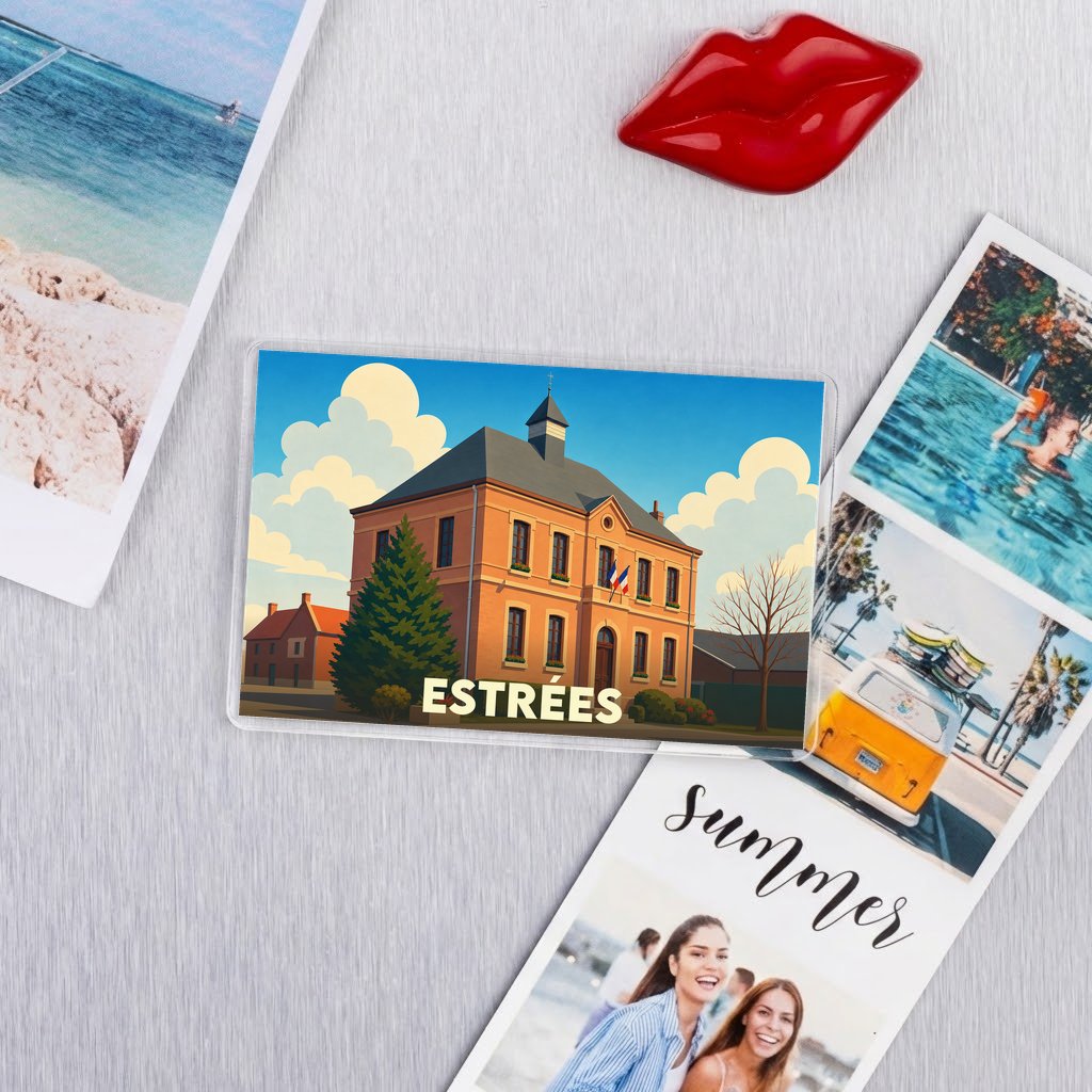 Magnet souvenir de la ville d'Estrées avec une illustration stylisée de son hôtel de ville.