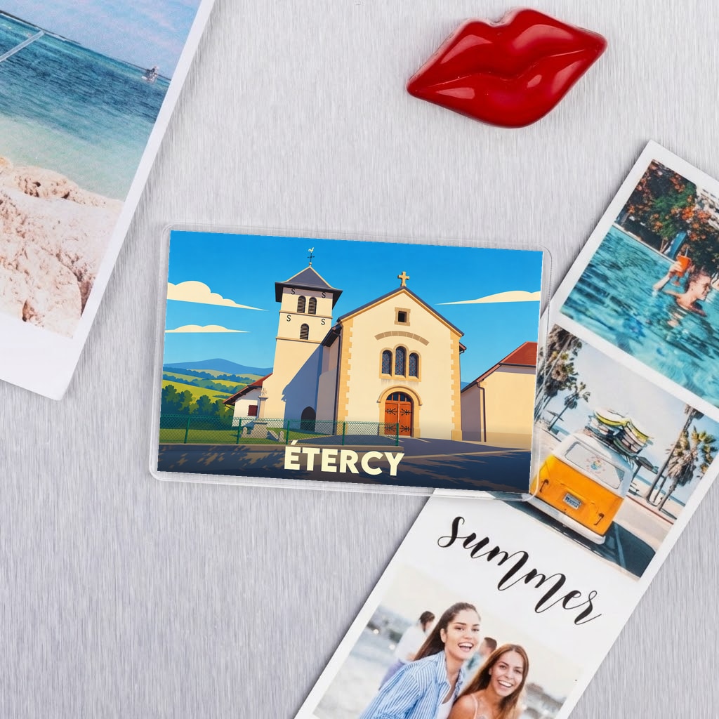 Magnet souvenir de la ville de Étercy avec une illustration stylisée de son église.