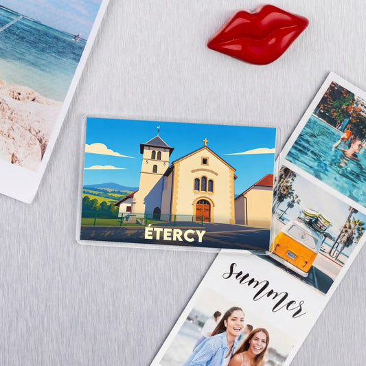 Magnet souvenir de la ville de Étercy avec une illustration stylisée de son église.
