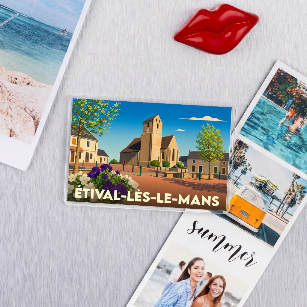 Magnet rectangulaire souvenir de la ville d'Étival-lès-le-Mans avec une illustration stylisée de son église.