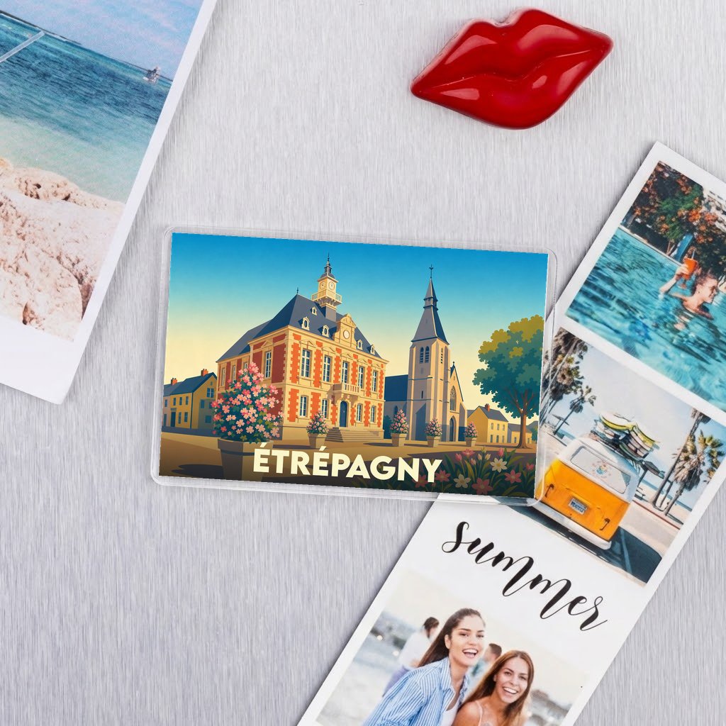 Magnet souvenir de la ville d'Étrépagny avec une illustration stylisée de son hôtel de ville et de son église.