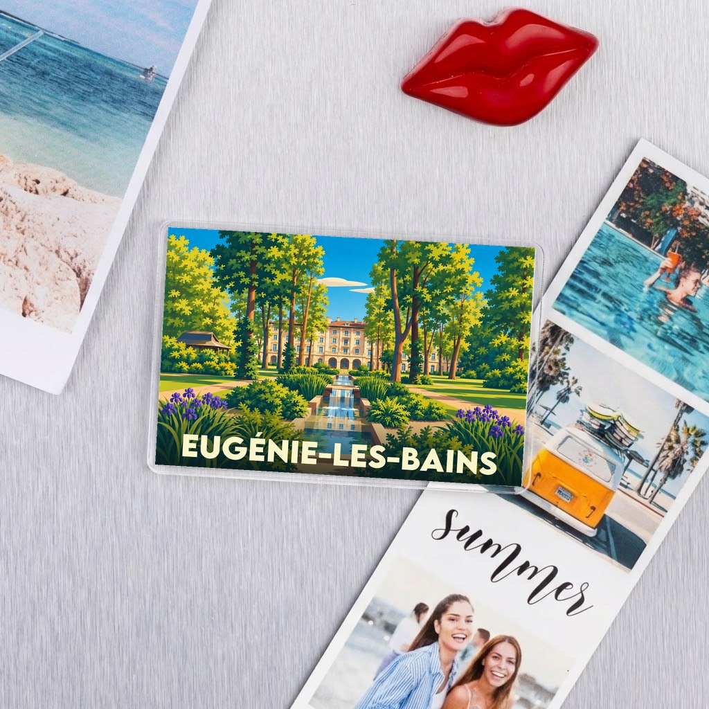 Magnet souvenir de la ville de Eugénie-les-Bains avec une illustration stylisée d'un parc paysager et son château.