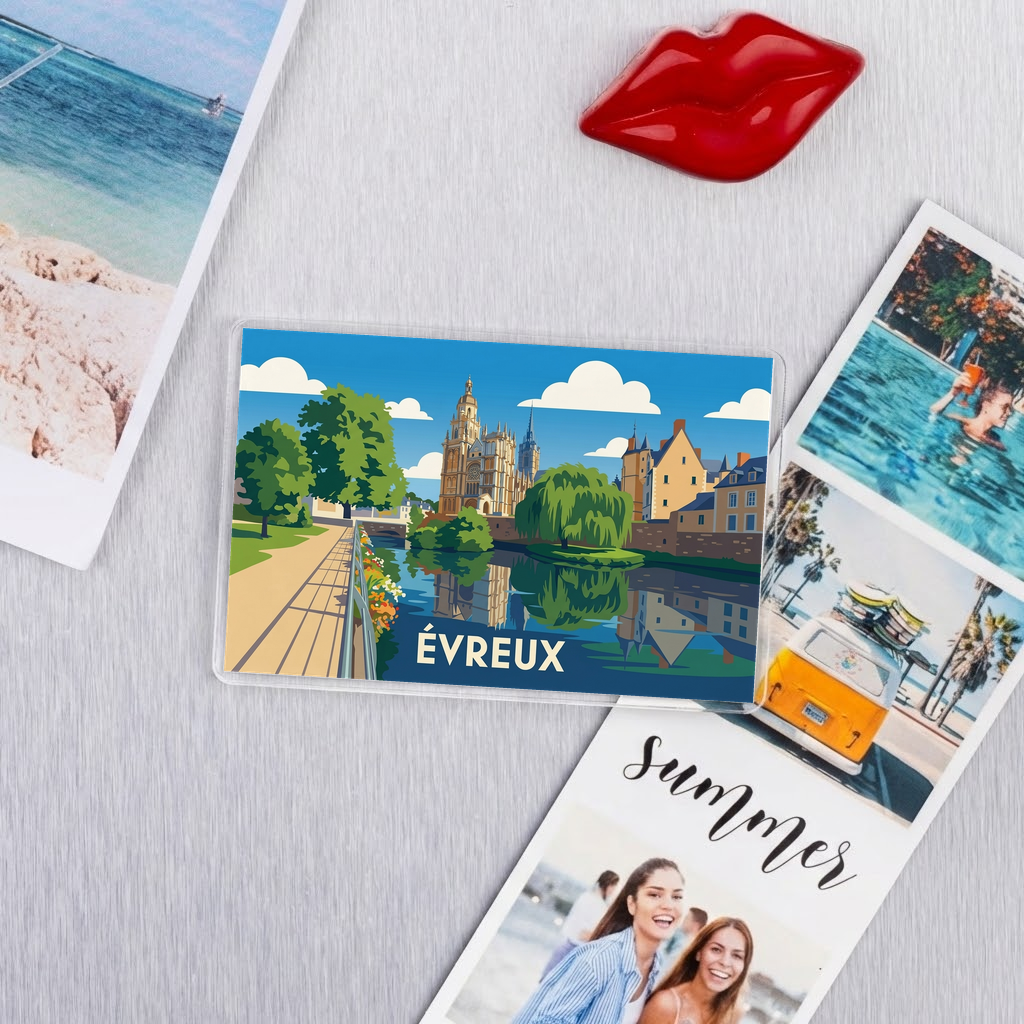 Magnet souvenir de la ville d'Évreux avec une illustration stylisée.