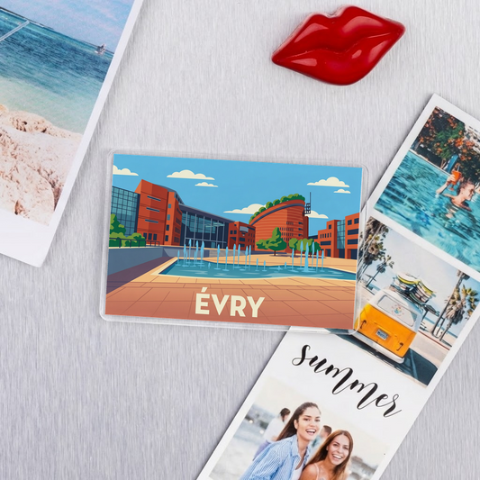 Magnet souvenir de la ville d'Évry avec une illustration stylisée.
