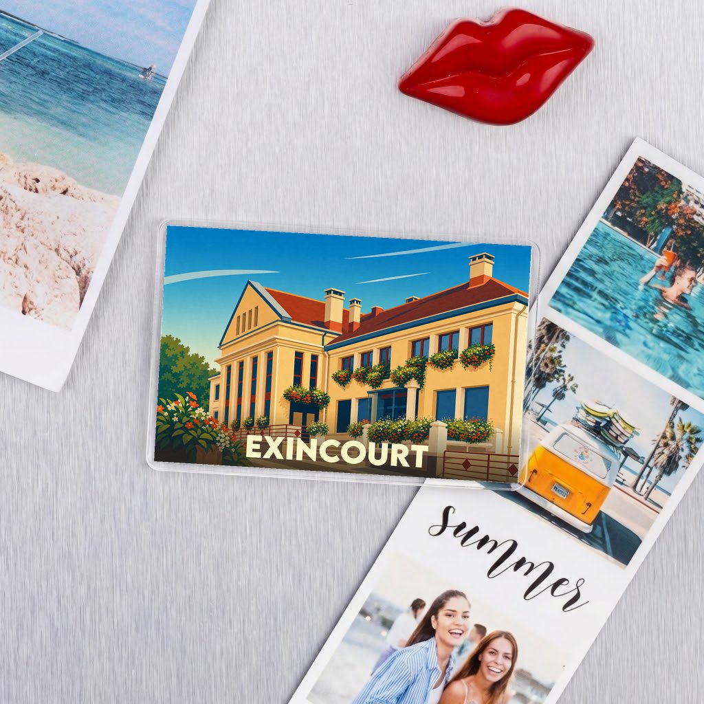 Magnet souvenir de la ville d'Exincourt avec une illustration stylisée de sa mairie.