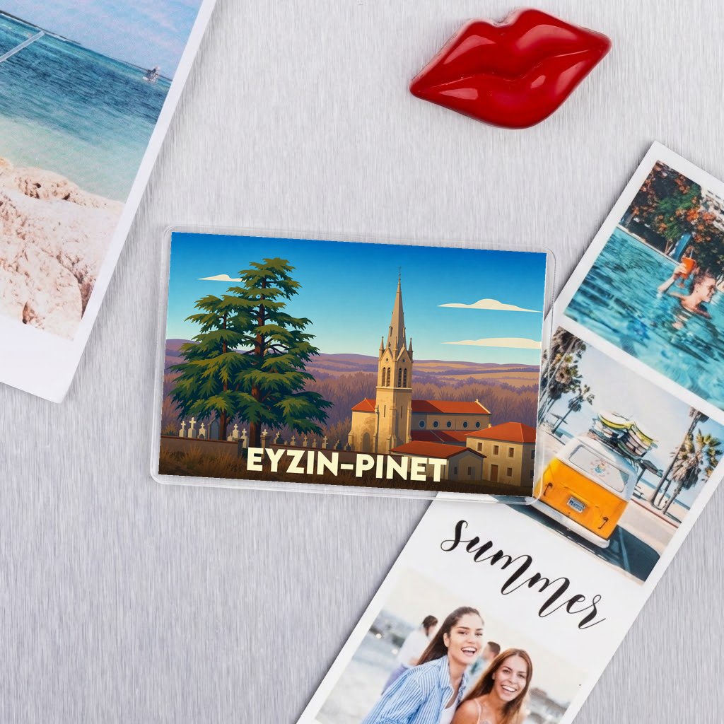Magnet souvenir de la commune de Eyzin-Pinet avec une illustration stylisée d'un paysage local.