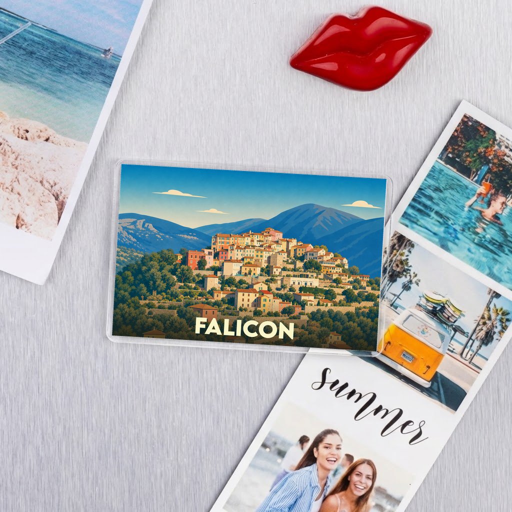 Magnet souvenir de la ville de Falicon avec une illustration stylisée d'un village perché.