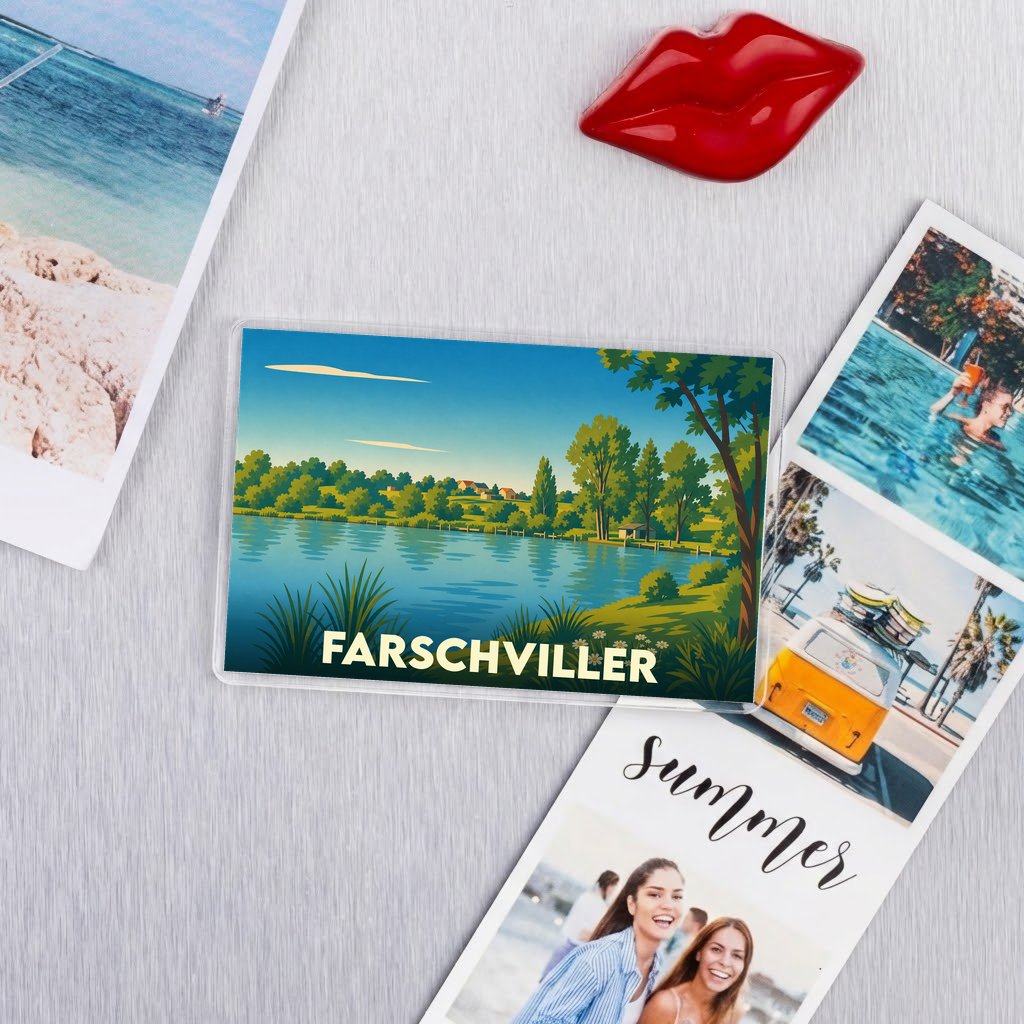 Magnet souvenir de la ville de Farschviller avec une illustration stylisée de son paysage.