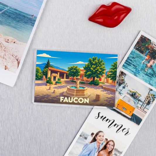 Magnet souvenir de la ville de Faucon avec une illustration stylisée de sa place centrale.