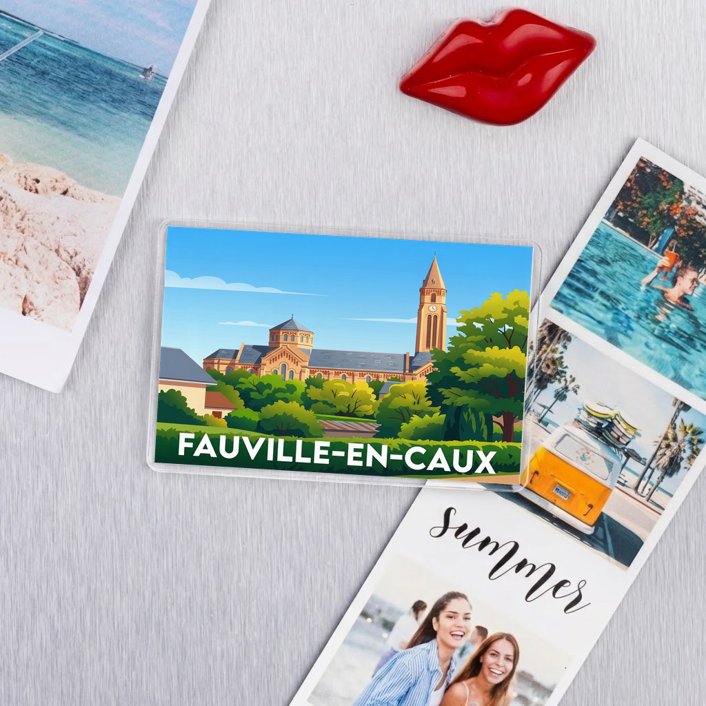 Magnet souvenir de la ville de Fauville-en-Caux avec une illustration stylisée.