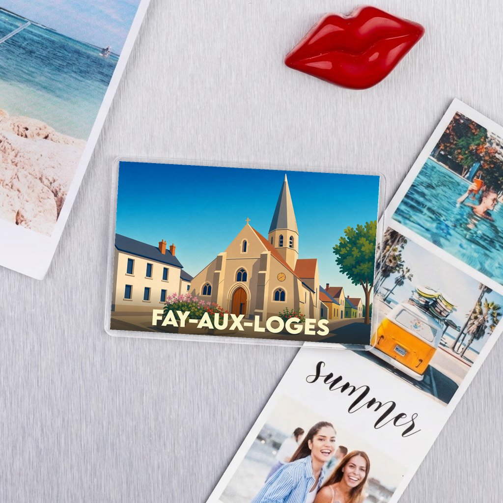Magnet souvenir de Fay-aux-Loges avec une illustration stylisée de son église.