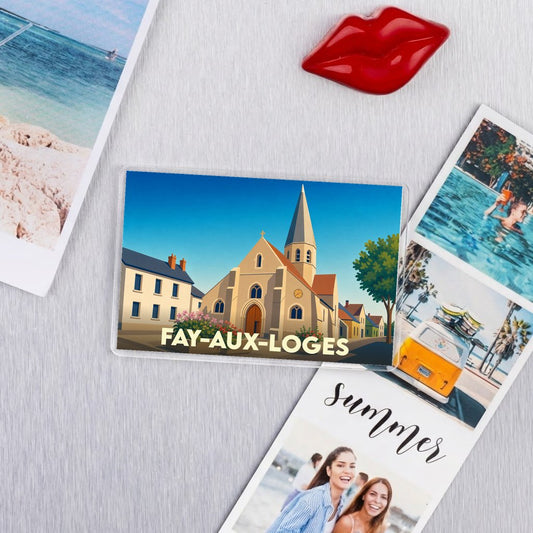 Magnet souvenir de Fay-aux-Loges avec une illustration stylisée de son église.