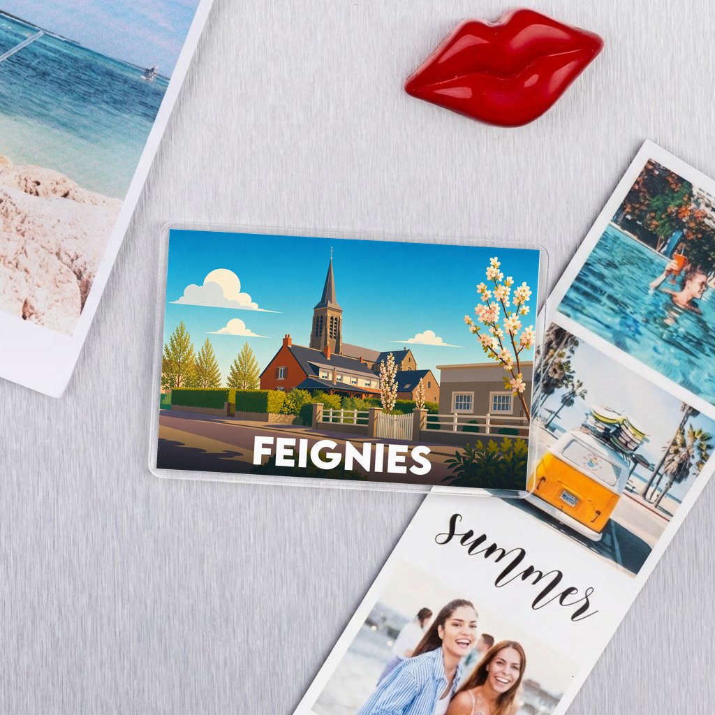 Magnet souvenir de la ville de Feignies avec une illustration stylisée d'une église et de maisons.