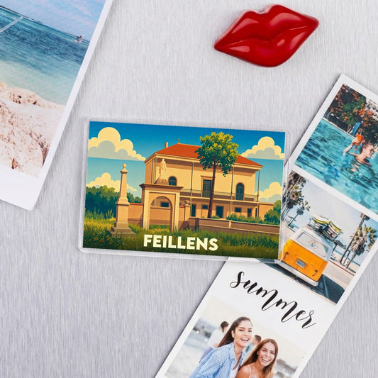 Magnet souvenir de la ville de Feillens avec une illustration stylisée.